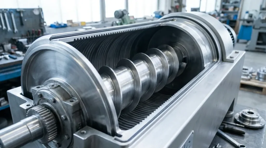 Cutaway view of a decanter centrifuge showing the internal screw conveyor and bowl assembly.