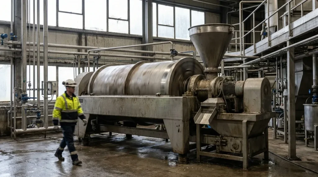 Large decanter centrifuge operating in a wastewater processing facility with an industrial worker nearby.