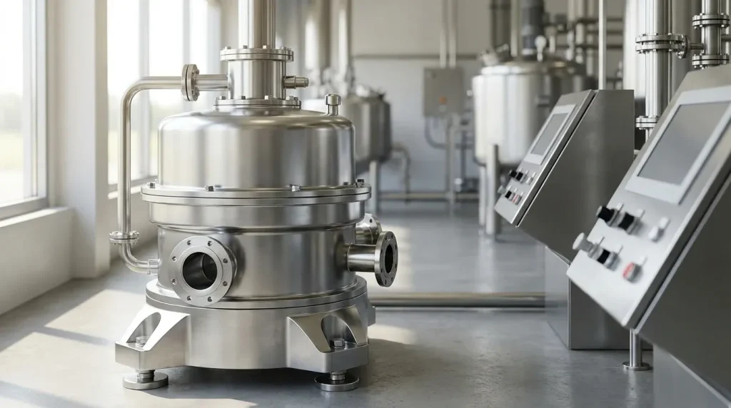 Stainless steel disc stack centrifuge installed beside industrial control panels in a processing facility.