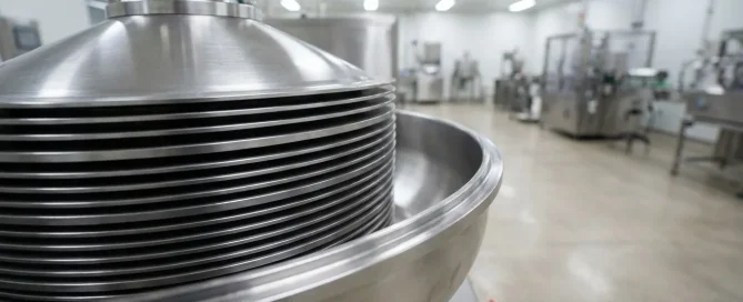 Close-up of a stainless steel disc stack centrifuge assembly in a processing facility.