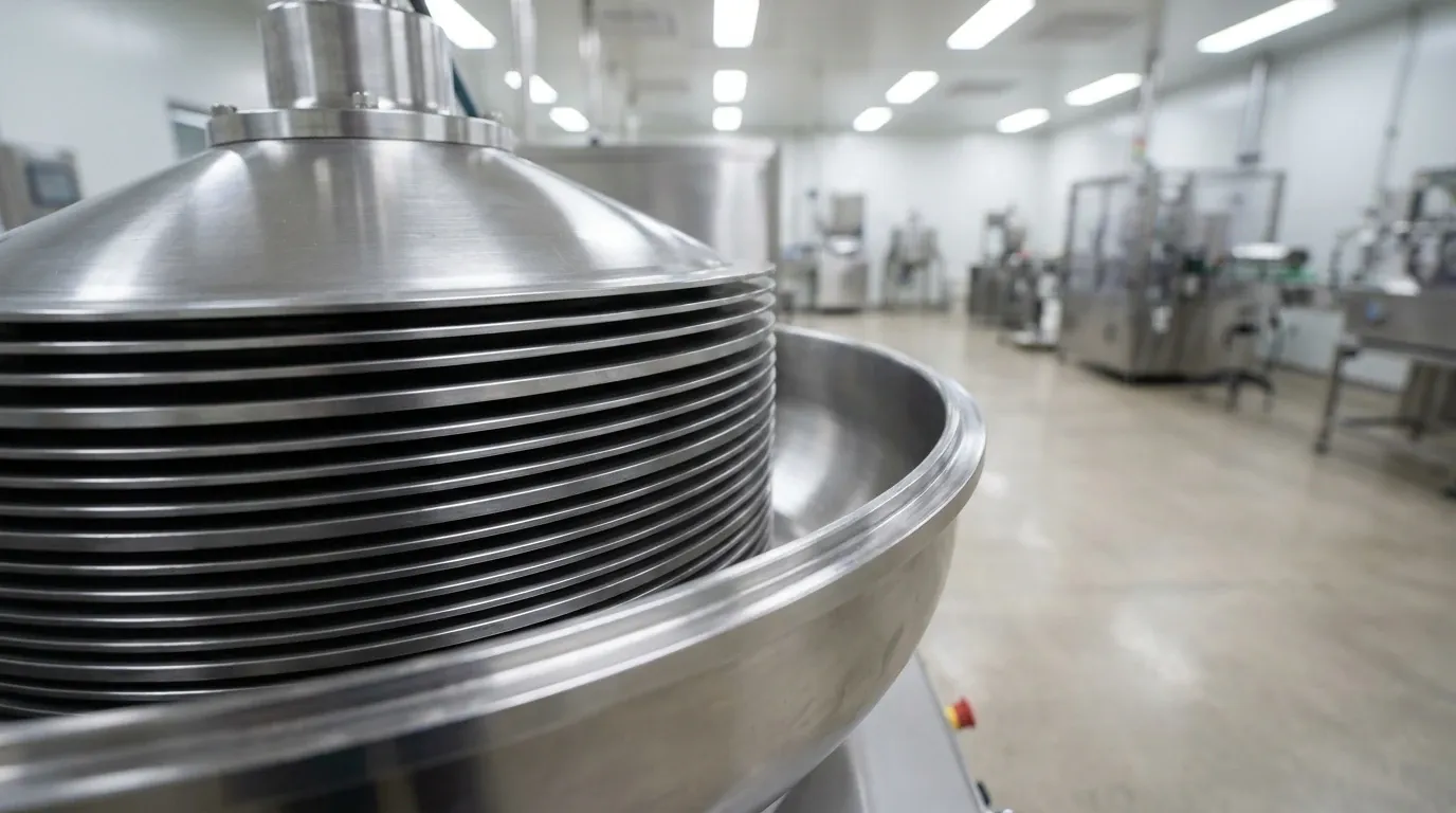 Close-up of a stainless steel disc stack centrifuge assembly in a processing facility.