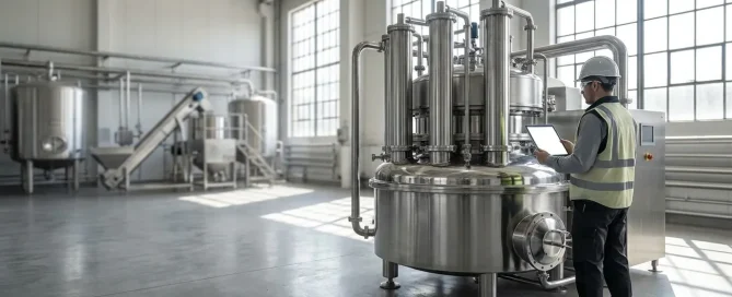 Industrial disc stack centrifuge used for high-speed liquid separation in a processing facility.