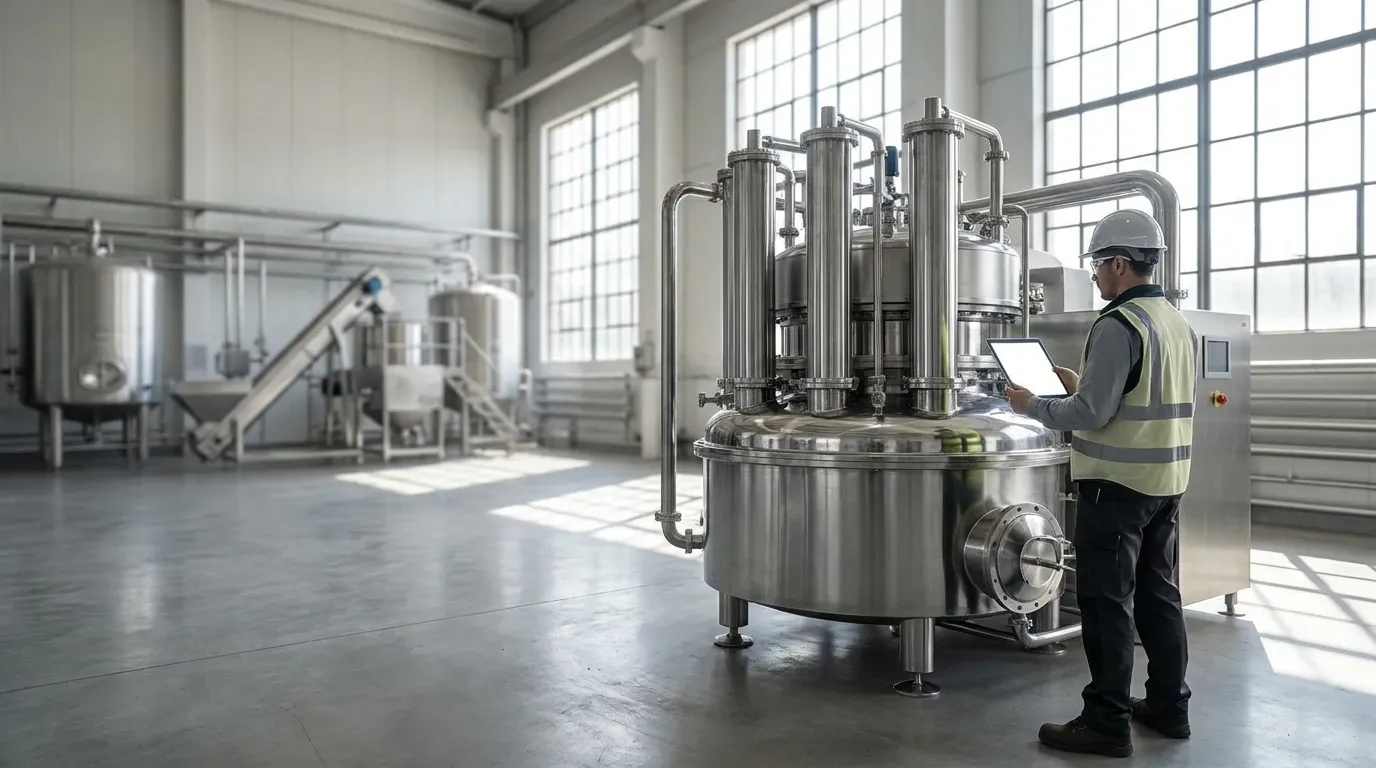 Industrial disc stack centrifuge used for high-speed liquid separation in a processing facility.