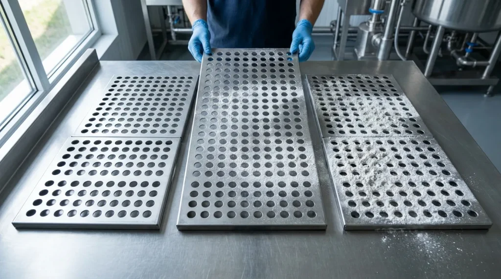 Comparison of stainless steel distributor plates showing clean, partially contaminated, and heavily contaminated surface conditions.