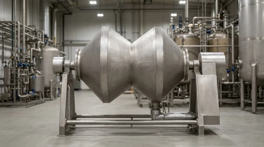 Stainless steel double-cone vacuum dryer mounted horizontally in an industrial processing plant.