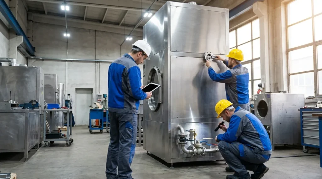 Technicians performing factory acceptance testing and commissioning checks on an industrial stainless steel dryer.