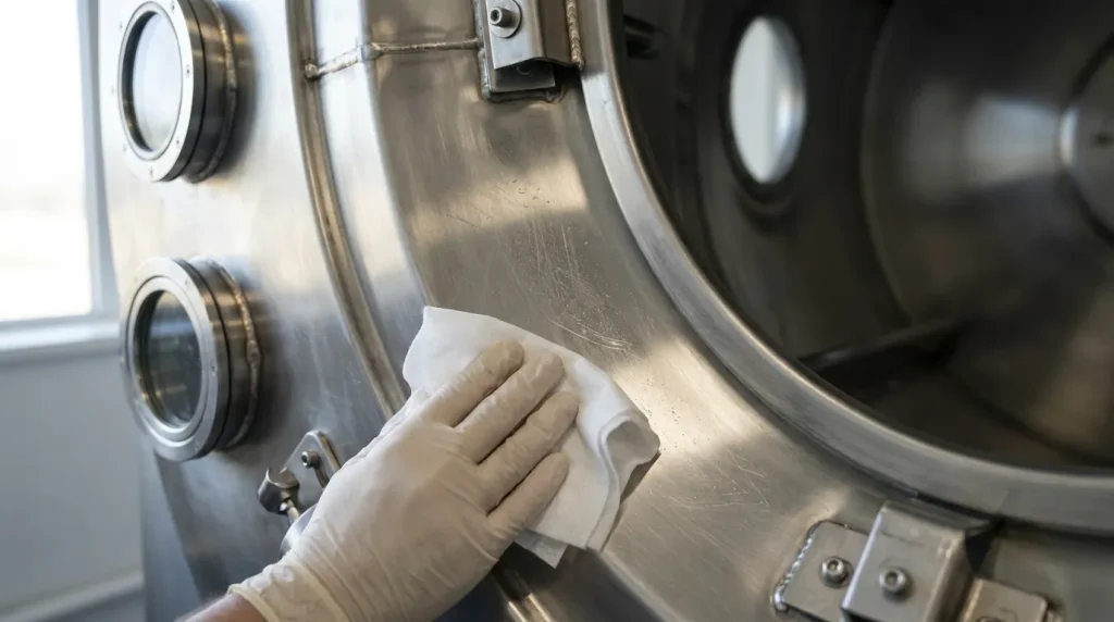 Gloved technician wiping and inspecting the stainless steel interior surface of an industrial dryer during maintenance.