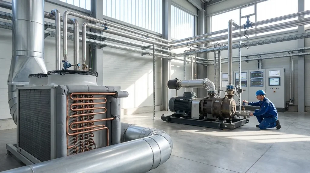 Industrial drying system installation with heat exchanger, pump, ductwork, piping, and process controls.