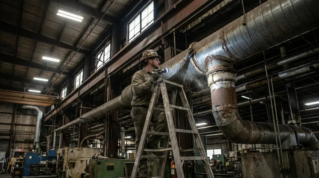 Maintenance technician inspecting large industrial ductwork and piping for wear, leaks, or damage.