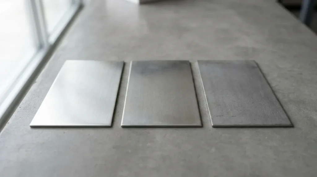 Three rectangular duplex stainless steel alloy samples displayed side by side for material comparison and selection.