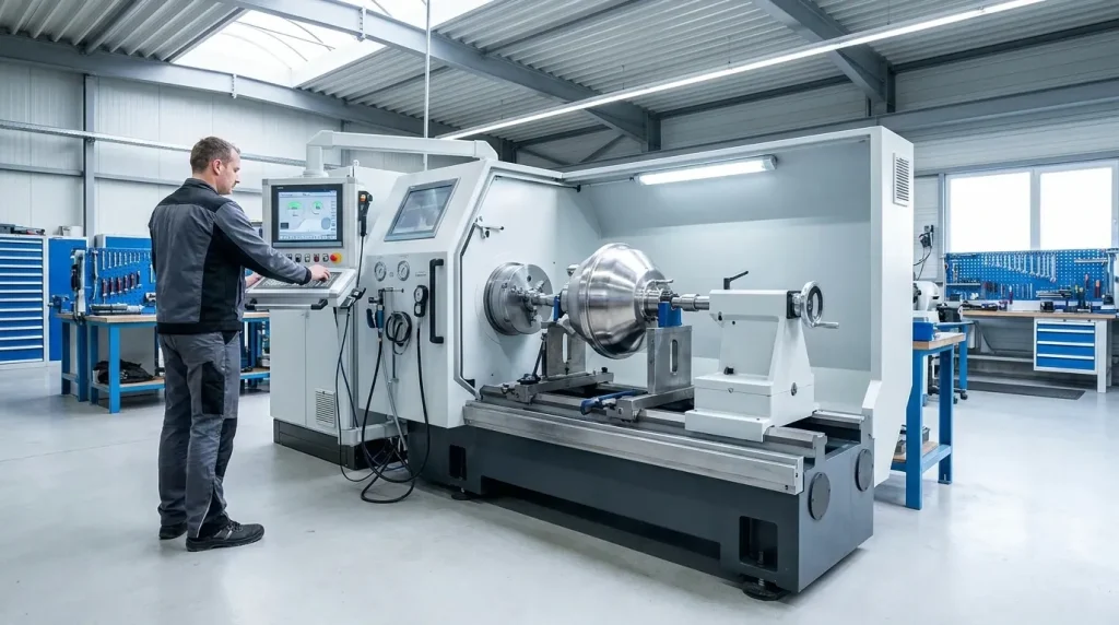 Technician operating a dynamic balancing machine to correct and balance an industrial centrifuge bowl.