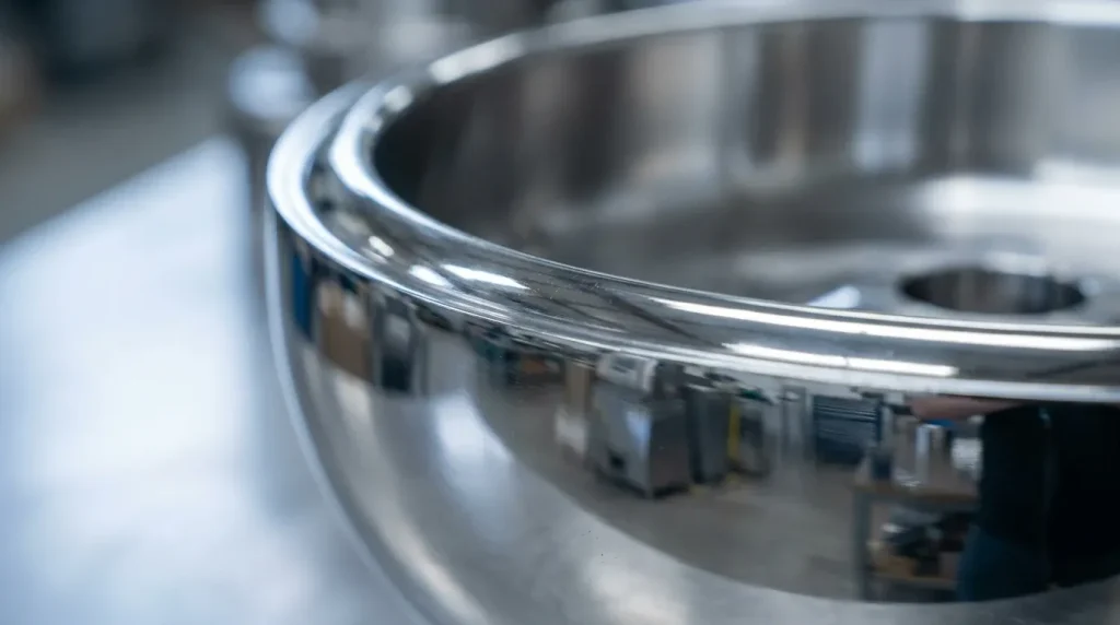 Close-up of a polished stainless steel centrifuge surface showing a smooth sanitary finish for pharmaceutical processing equipment.