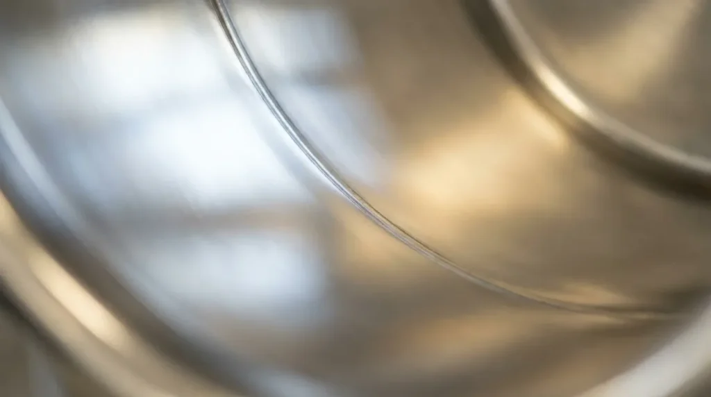 Close-up of a smooth electropolished stainless steel tank surface with a sanitary finish.