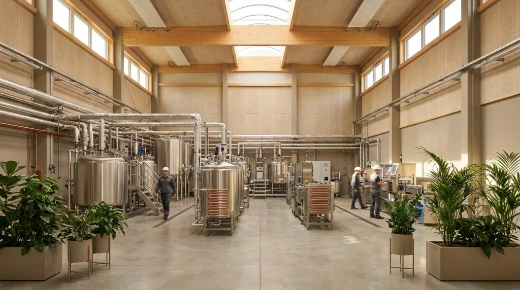 Energy-efficient industrial drying facility with stainless steel processing equipment and natural-light manufacturing environment.