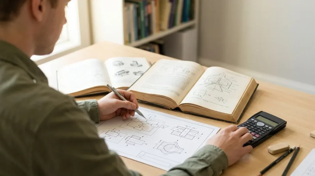 Engineer reviewing centrifuge technical drawings and calculating equipment capacity and sizing specifications.