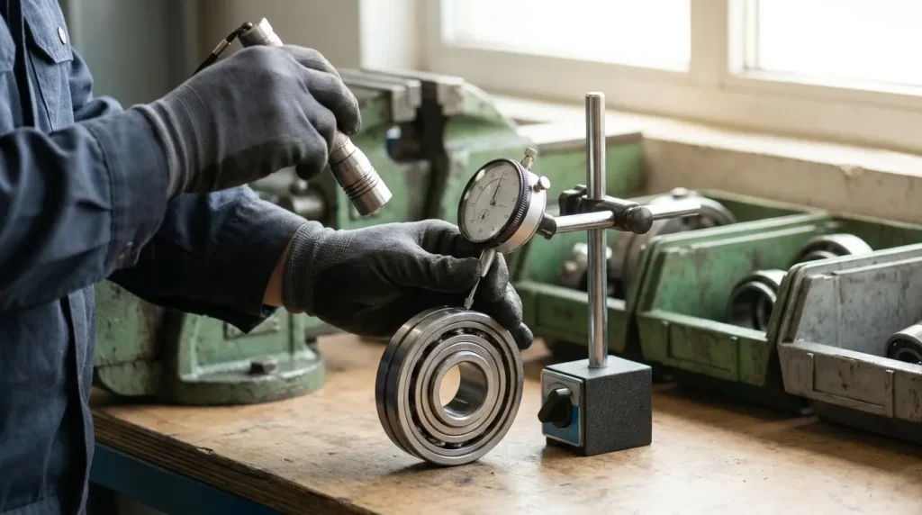 Technician inspecting an industrial bearing with a dial indicator and flashlight during maintenance.