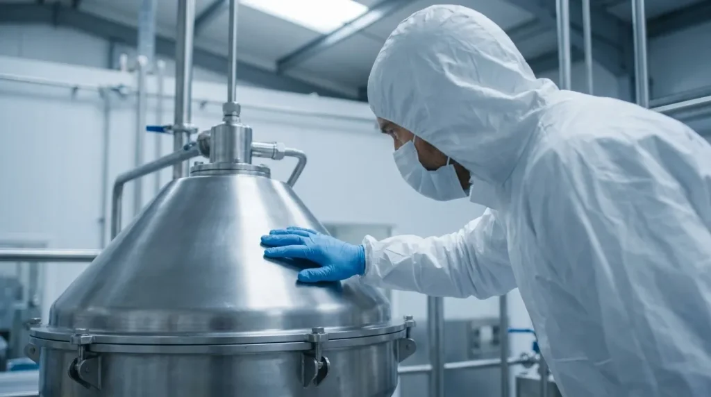 Engineer in protective clothing inspecting the stainless steel surface of an industrial centrifuge during material evaluation.