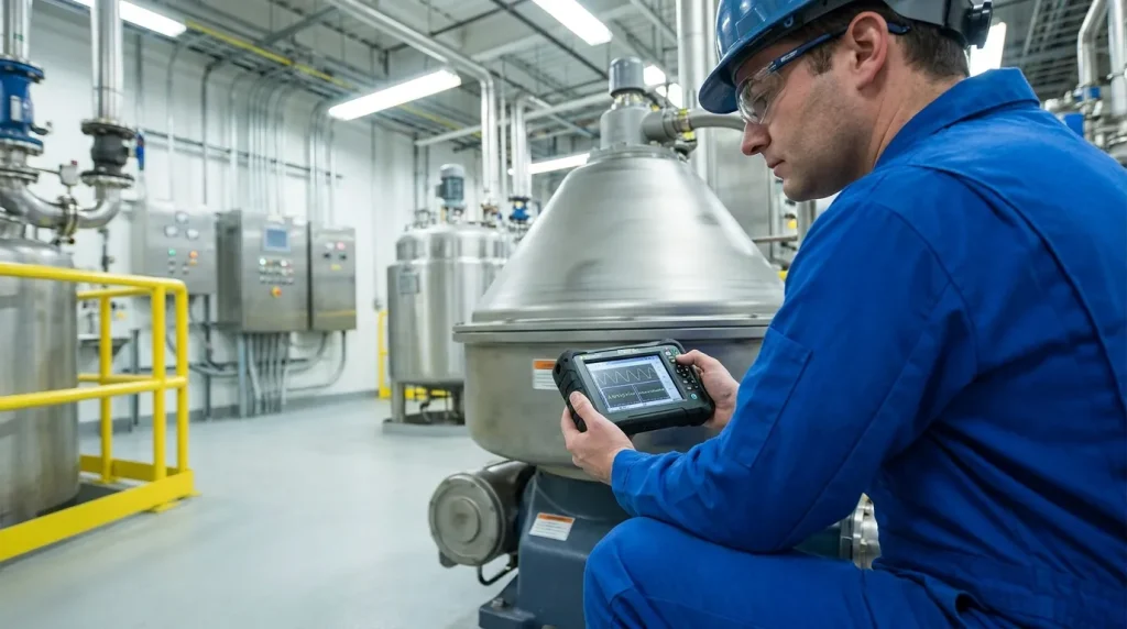 Engineer measuring vibration levels on an industrial centrifuge using handheld diagnostic testing equipment.