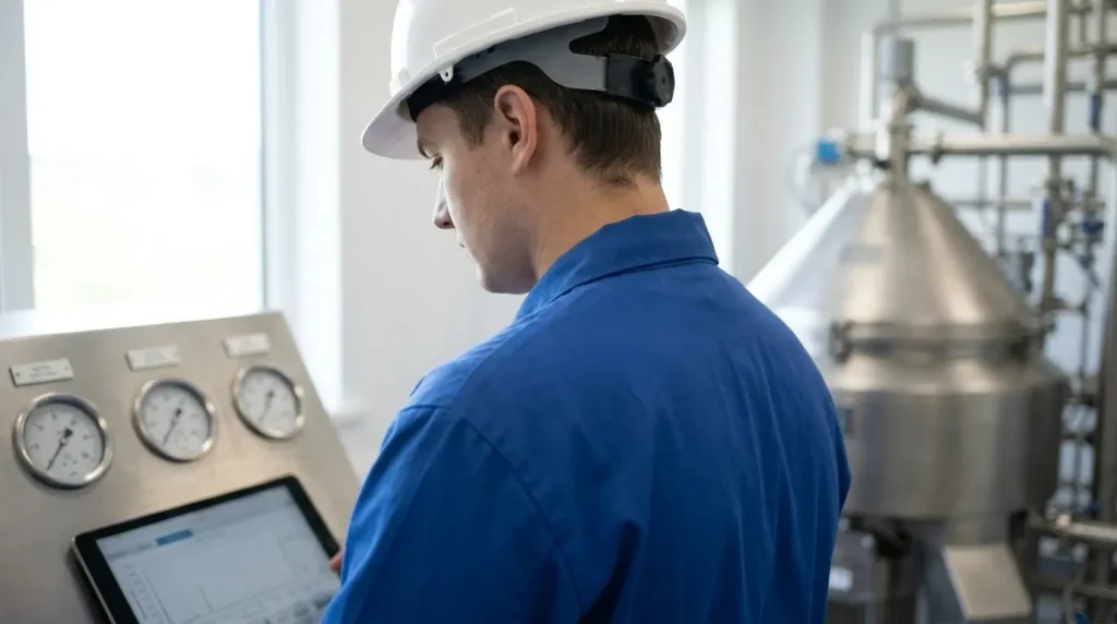 Engineer monitoring centrifuge operating conditions using a tablet beside industrial processing equipment.
