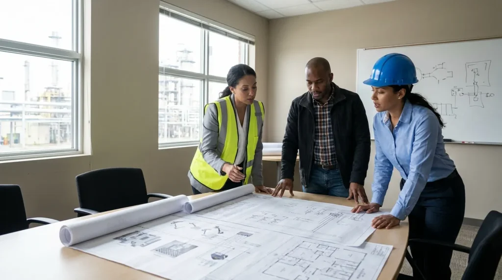 Engineering team reviewing equipment plans and cost considerations during an industrial machinery procurement meeting.
