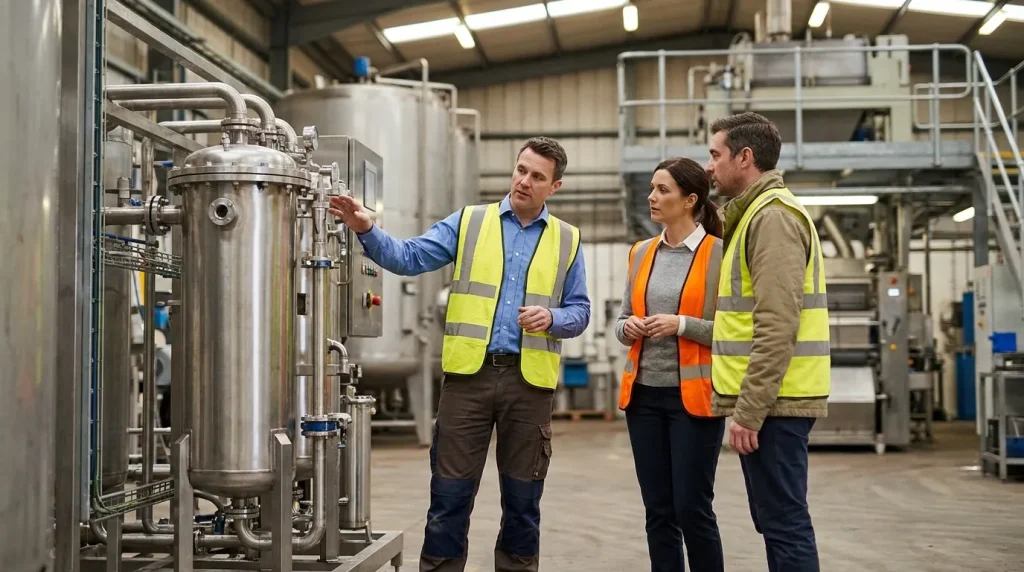 Engineering team reviewing industrial filtration equipment during an equipment selection discussion at a processing facility.