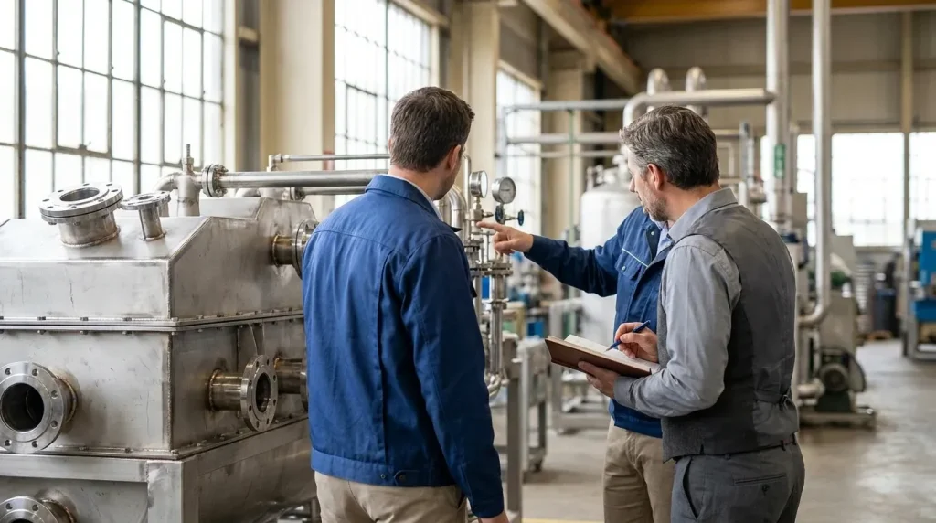 Engineers evaluating an industrial evaporator system and reviewing equipment selection in a processing facility.