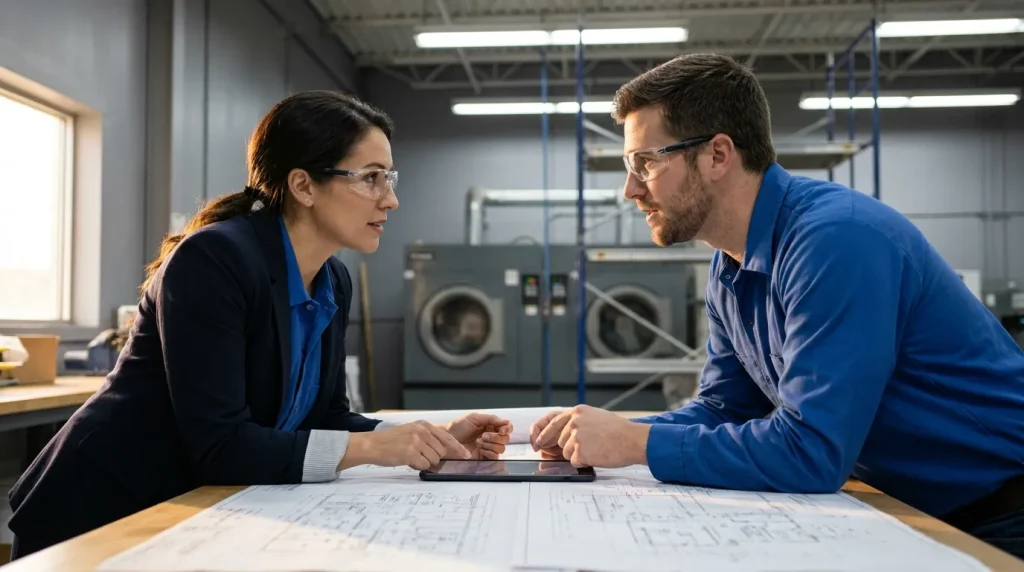 Engineers reviewing industrial dryer specifications and technical drawings during equipment planning.