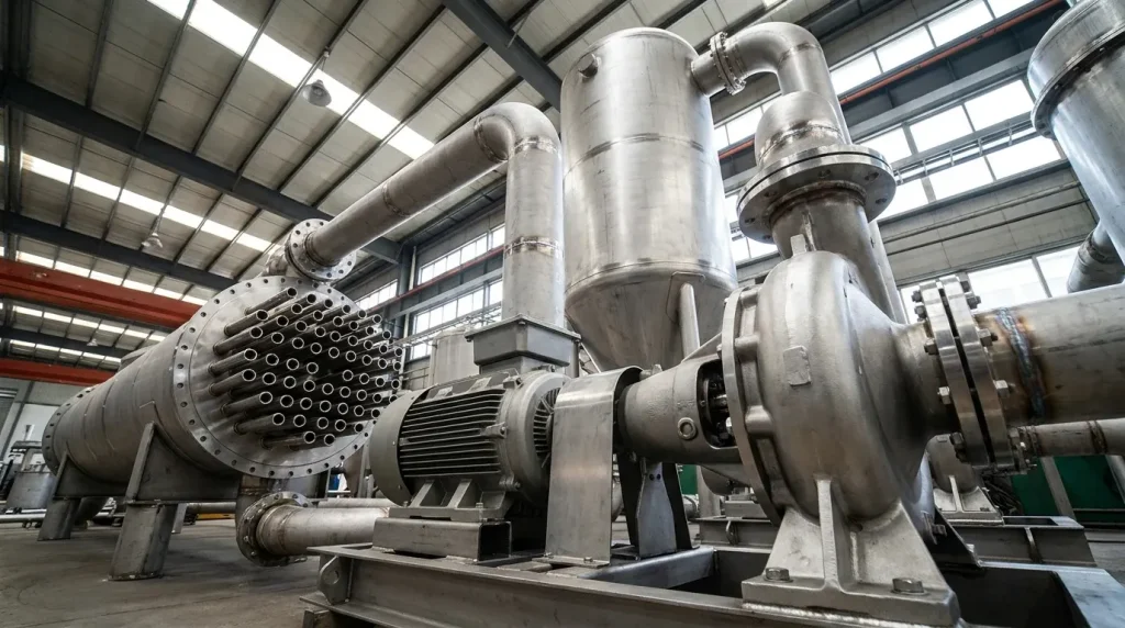 Industrial evaporator system showing pump, heat exchanger, separator vessel, and connected piping.