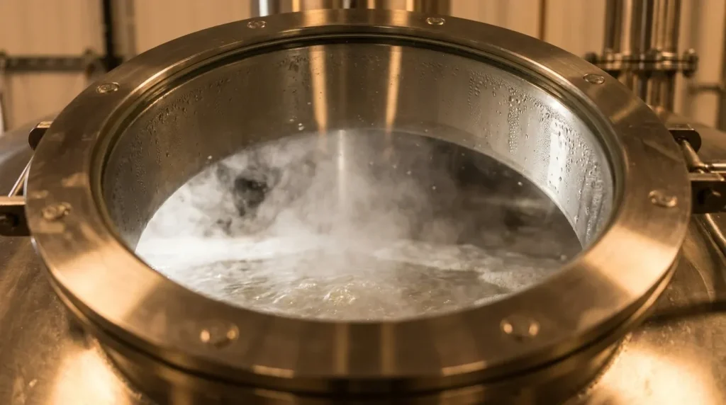 Close-up of an evaporator vessel during vapor-liquid separation and heat transfer operation.
