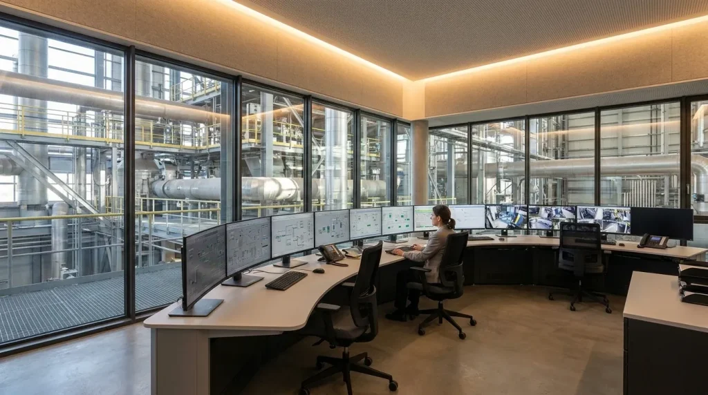 Facility manager monitoring industrial equipment operations and maintenance scheduling from a control room.