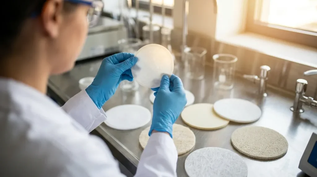 Laboratory technician inspecting filter membrane materials for quality and performance testing.