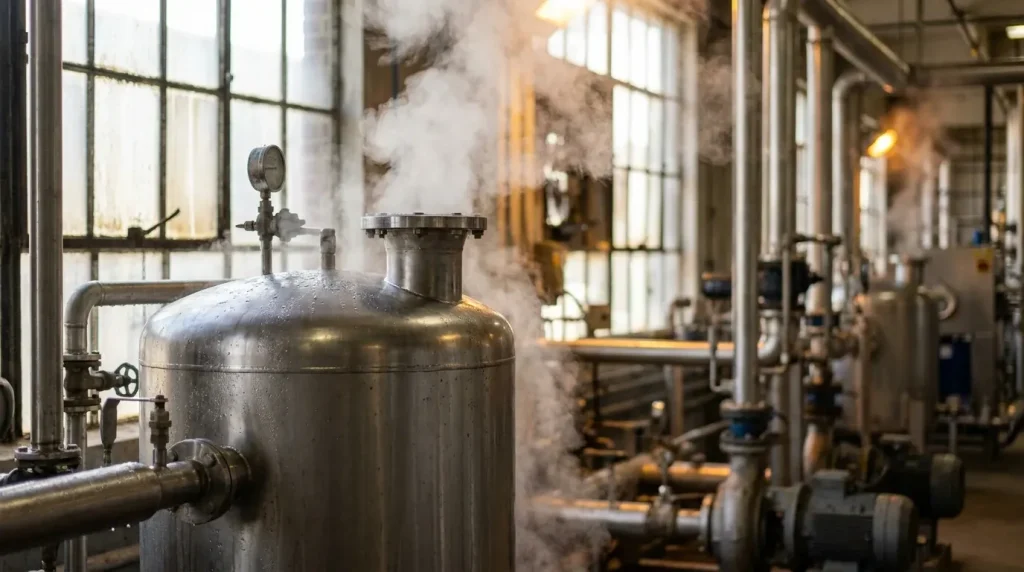 Flash evaporation separator vessel releasing vapor during industrial processing.