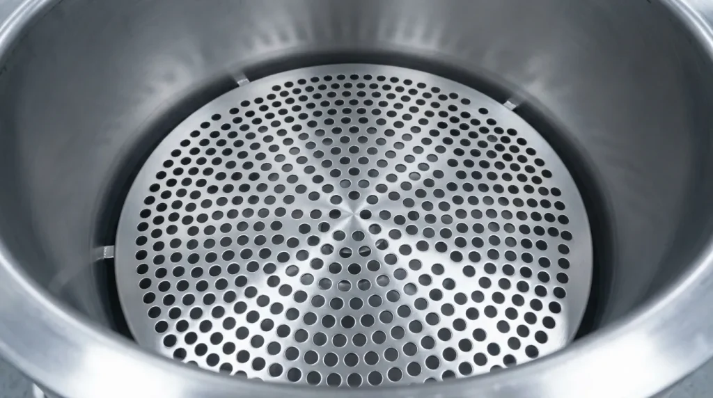 Perforated stainless steel distributor plate inside a fluid bed dryer used to distribute airflow evenly during drying.