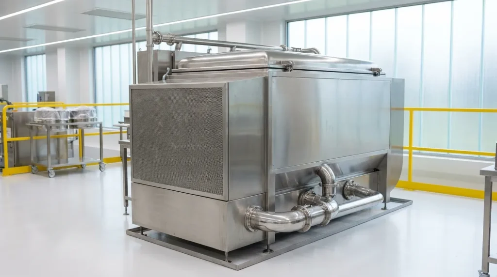 Compact fluid bed dryer system installed in a clean pharmaceutical manufacturing facility.