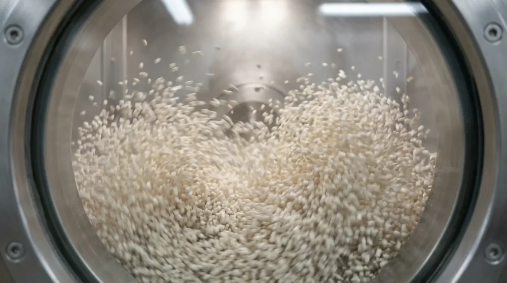 Pharmaceutical granules suspended and circulating inside a fluid bed dryer during the fluidization and drying process.