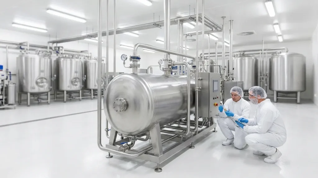 Food-grade pressure leaf filter system in a stainless steel edible oil processing facility with technicians inspecting the filtration equipment.