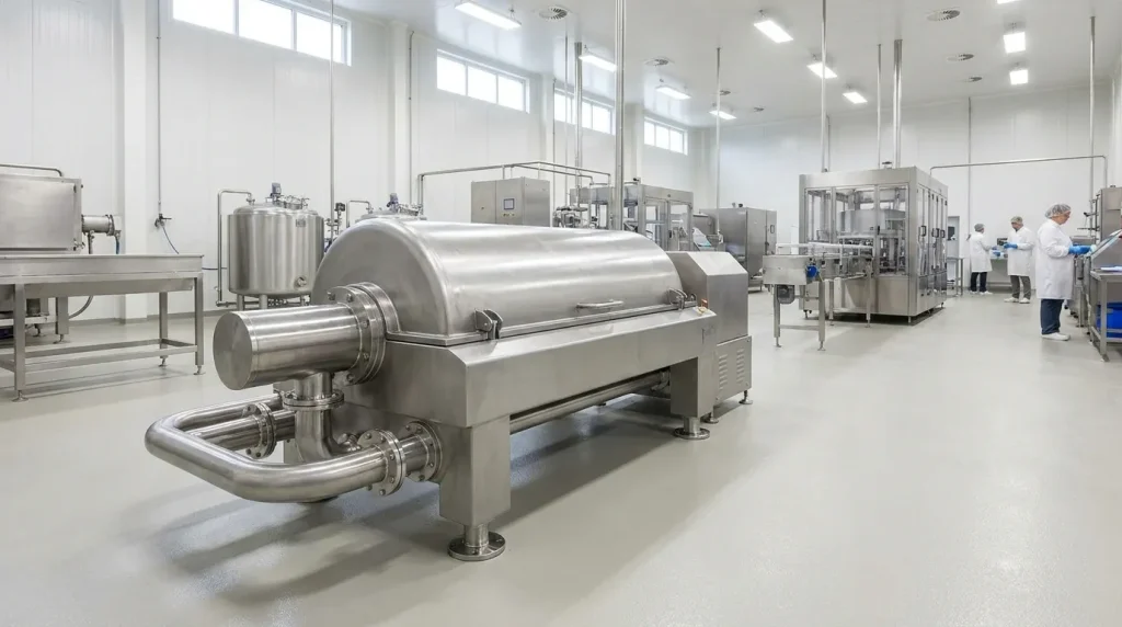 Hygienic stainless steel centrifuge installed in a food processing facility.