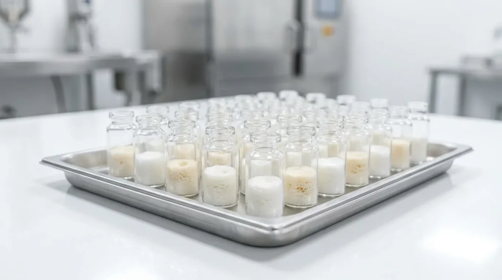 Freeze-dried pharmaceutical products in glass vials arranged on a stainless steel tray in a clean production environment.