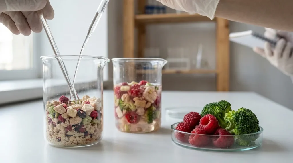 Laboratory comparison of freeze-dried food samples with raspberries and broccoli prepared for rehydration testing.