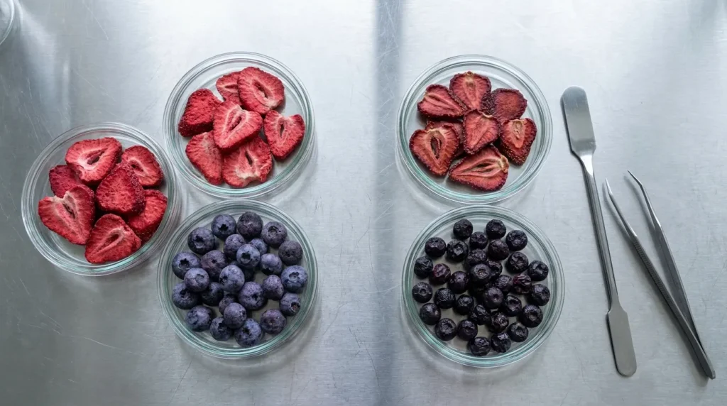 Freeze-dried and vacuum-dried strawberries and blueberries displayed for food quality comparison.