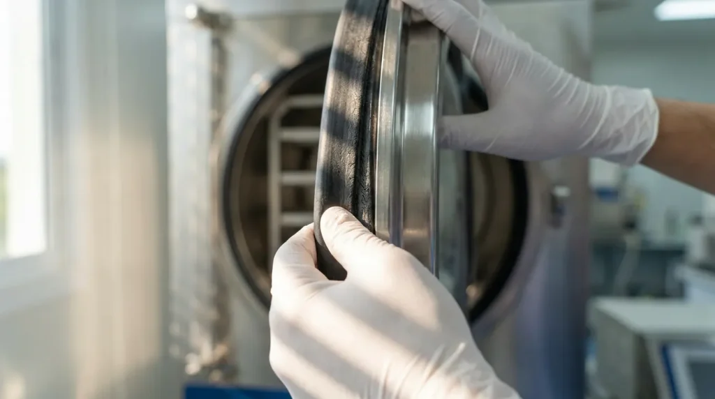 Technician inspecting the rubber door gasket and sealing surface of a pharmaceutical freeze dryer.