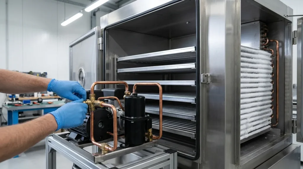 Technician servicing internal refrigeration and vacuum system components inside an industrial freeze dryer.