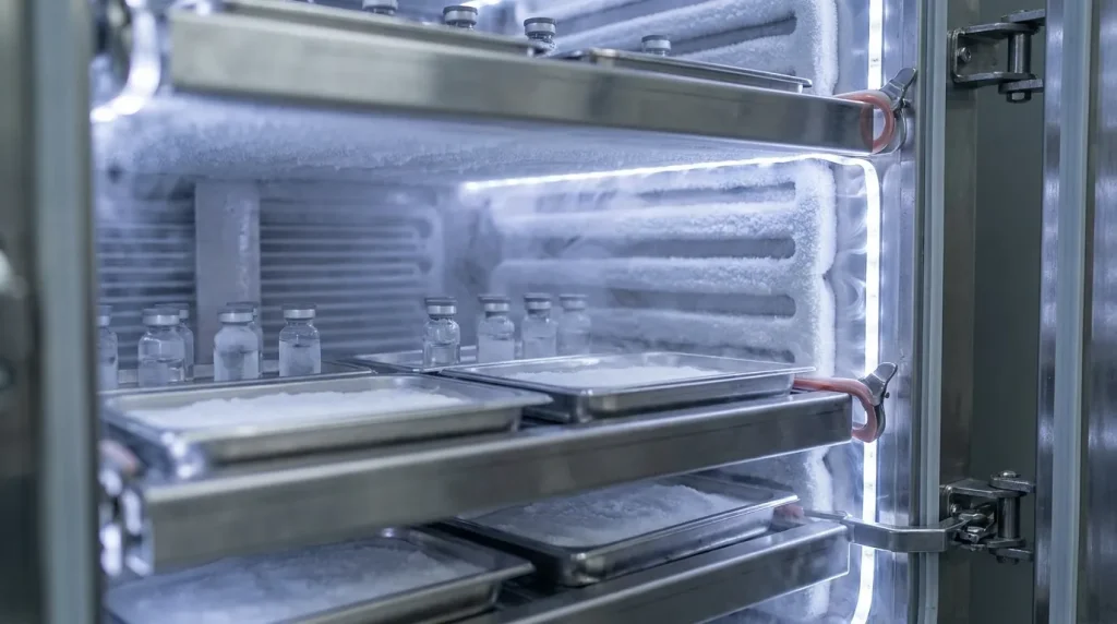 Interior of a freeze dryer lyophilizer chamber with frosted shelves and trays during the sublimation process.