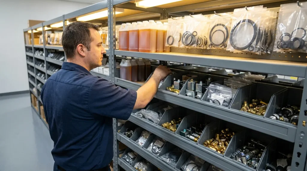 Maintenance technician selecting seals, fittings, lubricants, and spare parts from an organized freeze dryer parts inventory.