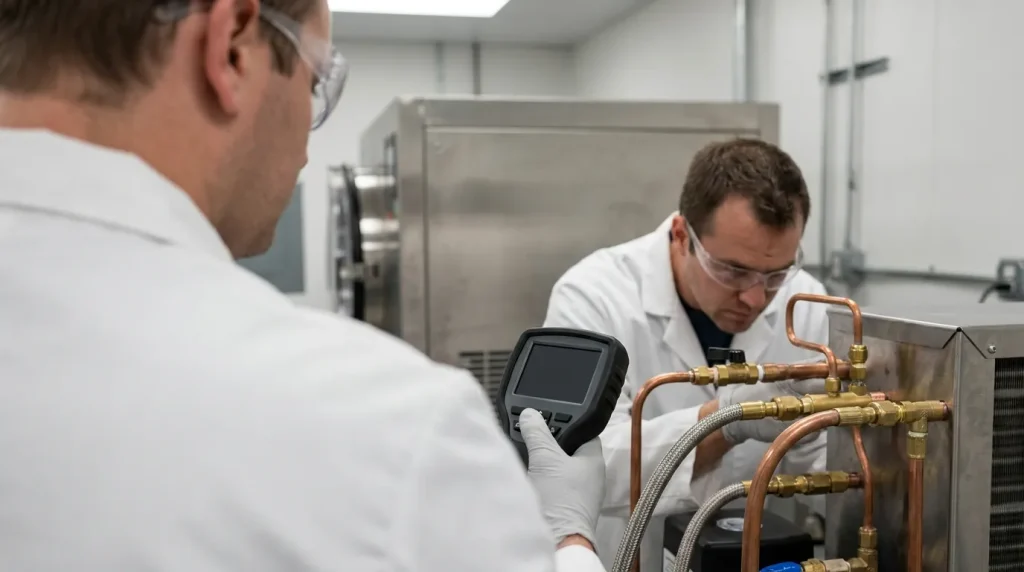 Technicians troubleshooting copper refrigeration lines and mechanical components of a pharmaceutical freeze dryer.