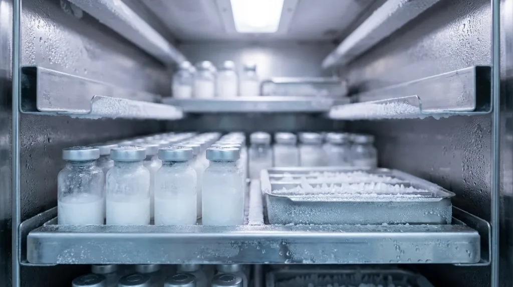 Freeze dryer condenser coils covered with heavy frost and ice during the lyophilization process.