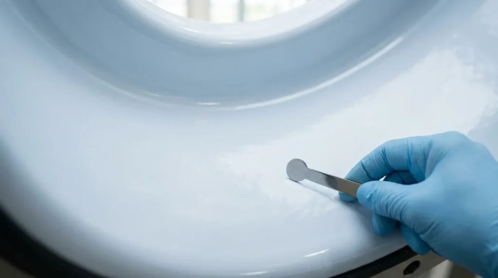 Gloved technician inspecting the smooth white enamel surface inside a glass-lined reactor.