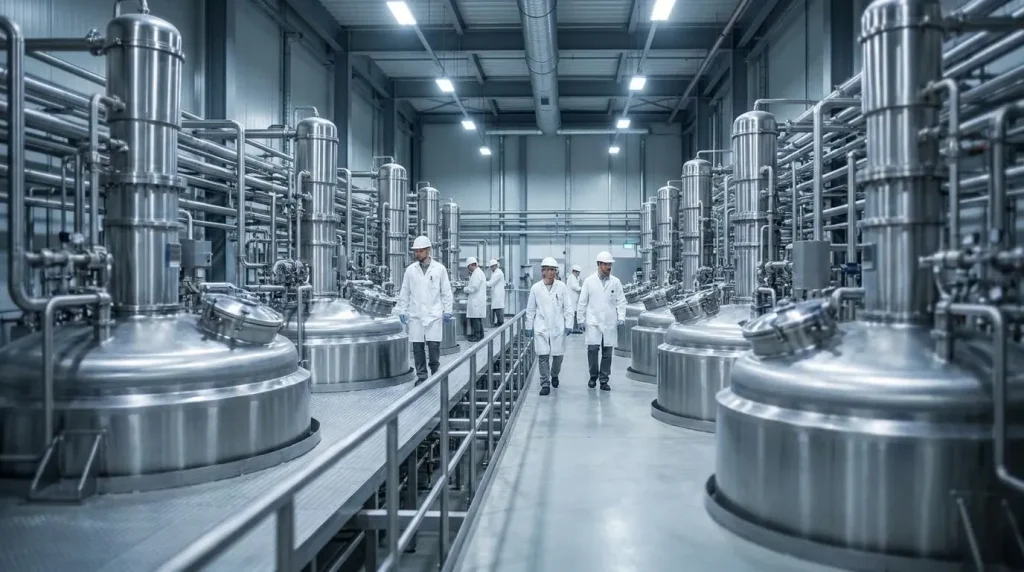 Glass-lined industrial reactor vessels installed in a chemical processing facility with stainless steel piping.