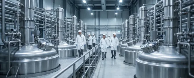 Glass-lined industrial reactor vessels installed in a chemical processing facility with stainless steel piping.