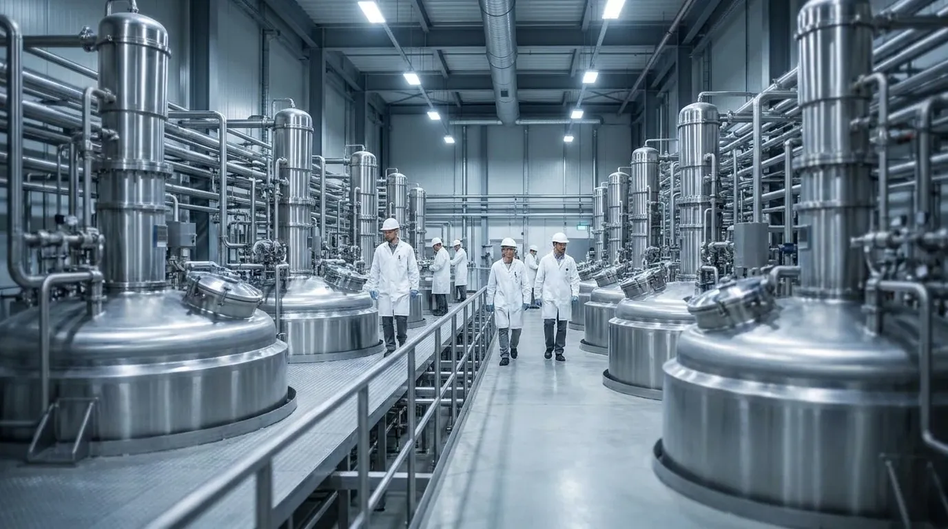 Glass-lined industrial reactor vessels installed in a chemical processing facility with stainless steel piping.